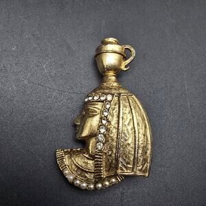 Egyptian Revival Pharoah Brooch Gold Tone Rhinestone Vintage